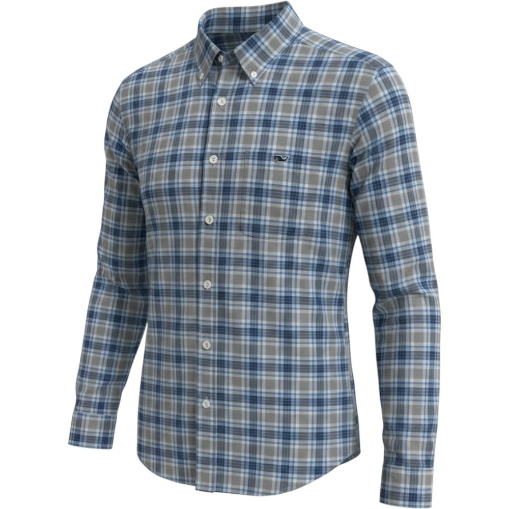 Vineyard Vines Mens L OTG Performance Plaid Shirt Blue Grey Stretch Button Down